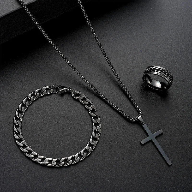 Ketting heren | Kruis ketting met armband en ring set