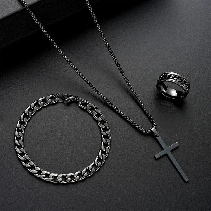 Ketting heren | Kruis ketting met armband en ring set