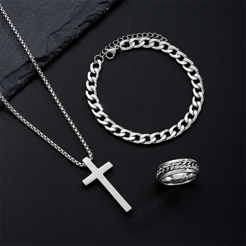 Ketting heren | Kruis ketting met armband en ring set