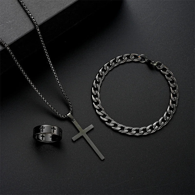 Ketting heren | Kruis ketting met armband en ring set