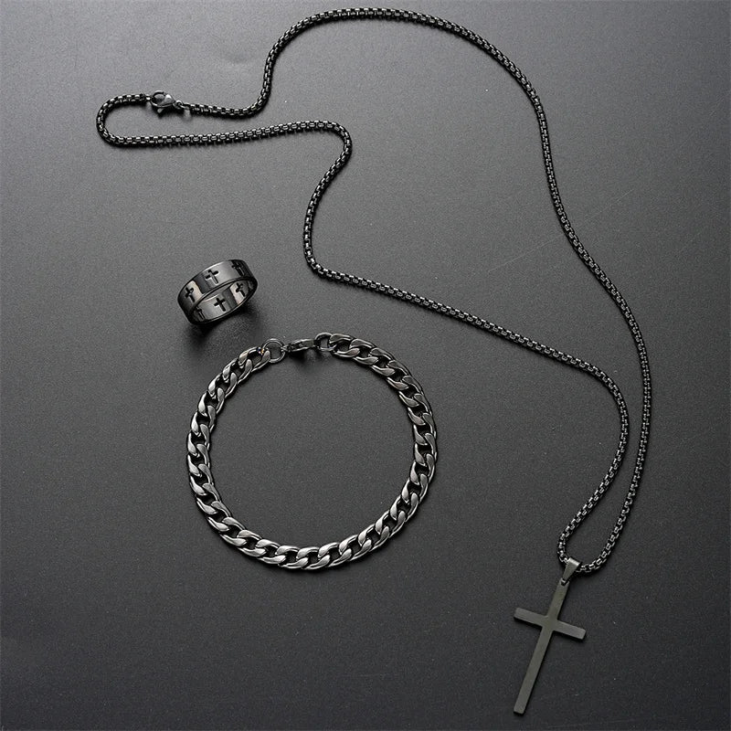 Ketting heren | Kruis ketting met armband en ring set