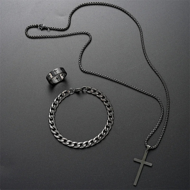 Ketting heren | Kruis ketting met armband en ring set
