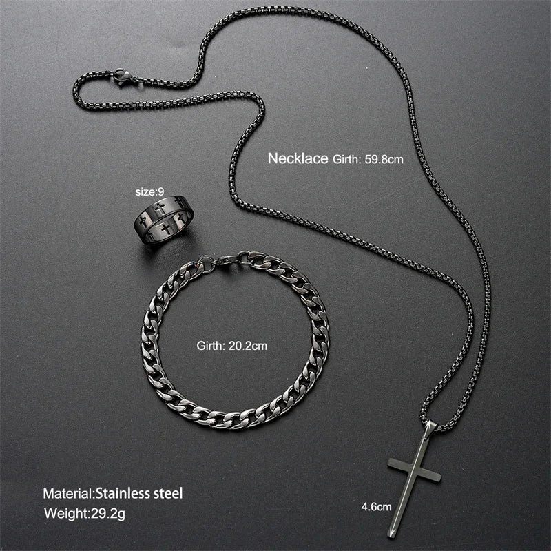 Ketting heren | Kruis ketting met armband en ring set
