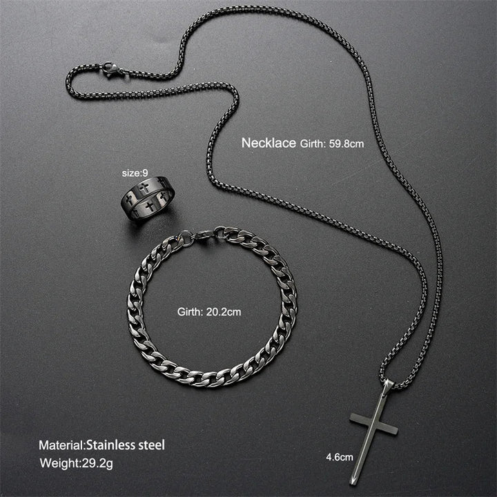 Ketting heren | Kruis ketting met armband en ring set