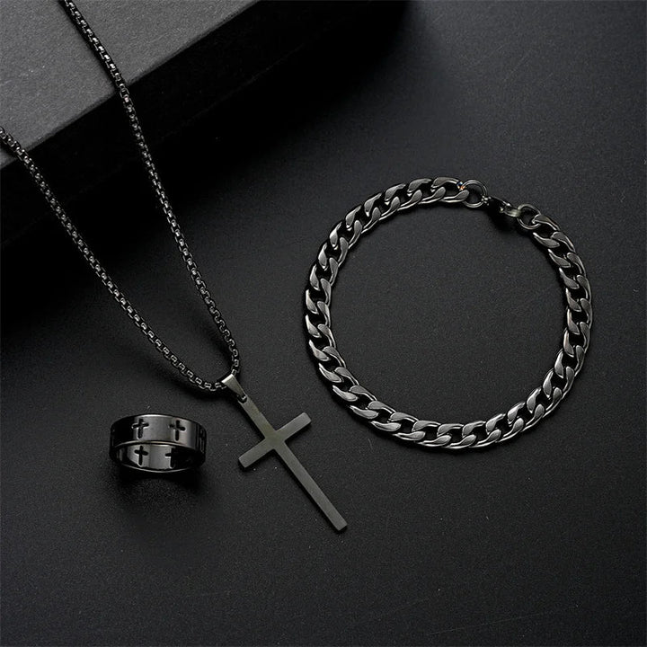 Ketting heren | Kruis ketting met armband en ring set
