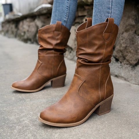 Laarzen dames | Cowboy model met blokhak en geplooide schacht
