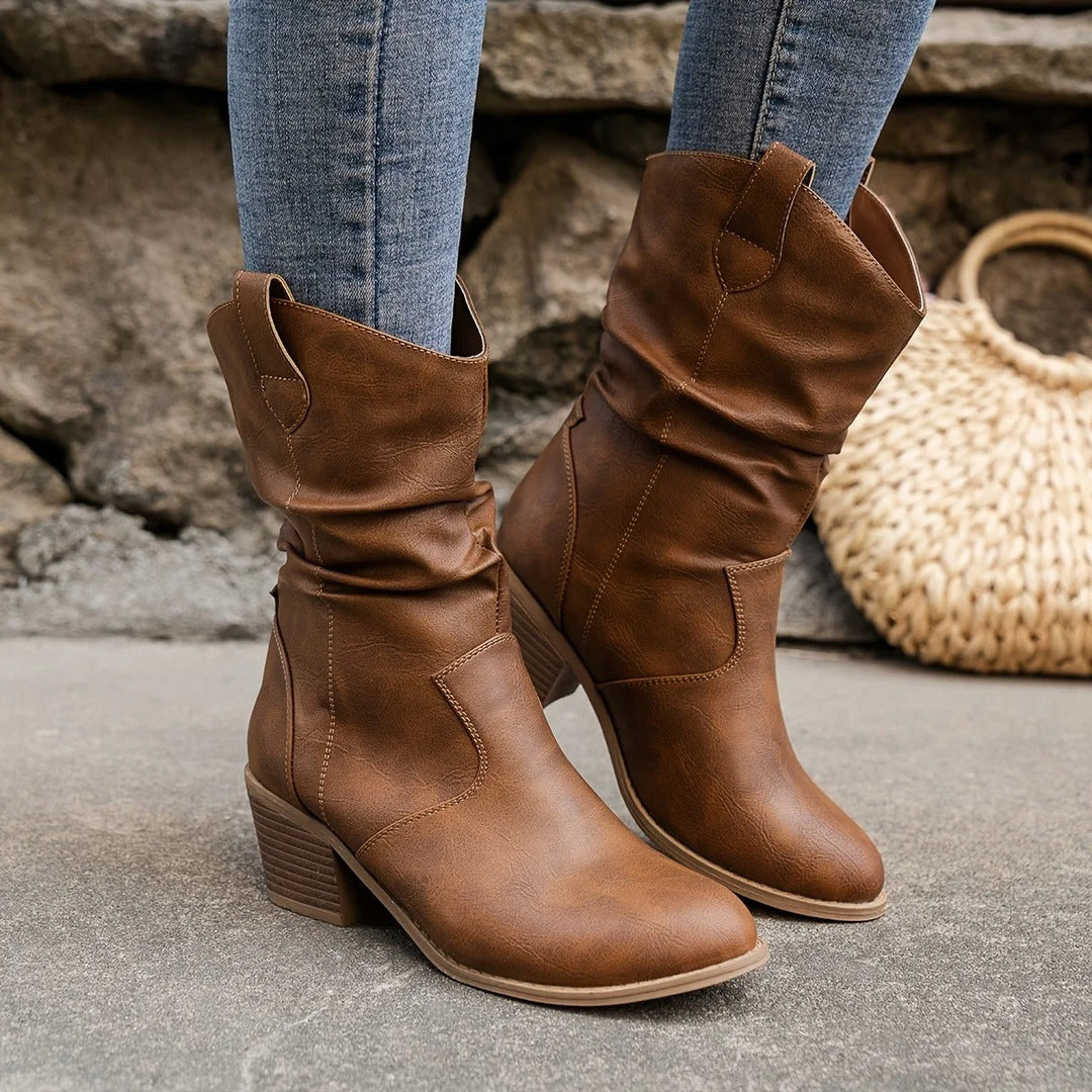 Laarzen dames | Cowboy model met blokhak en geplooide schacht