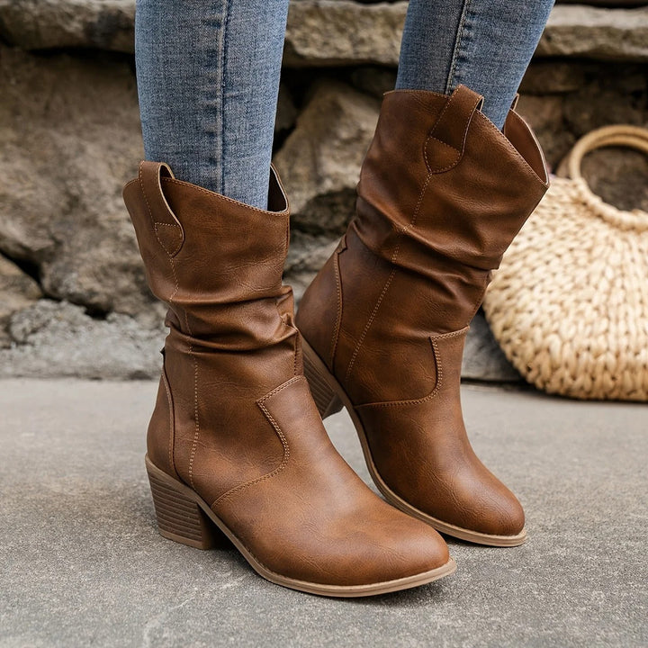 Laarzen dames | Cowboy model met blokhak en geplooide schacht