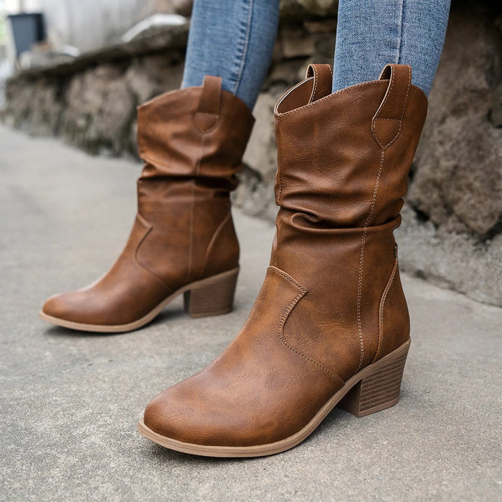Laarzen dames | Cowboy model met blokhak en geplooide schacht