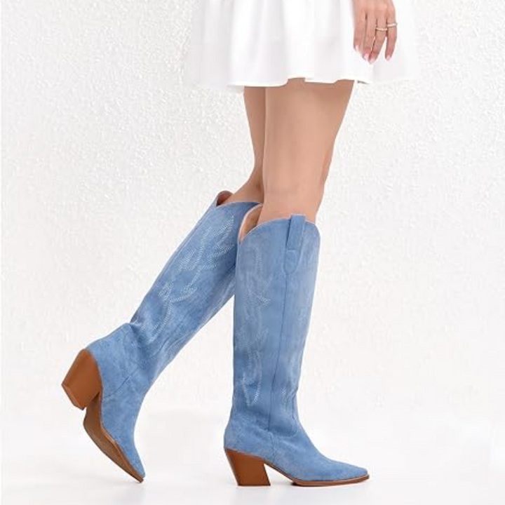 Laarzen dames | Hoge cowboy laarzen met hak en borduursel