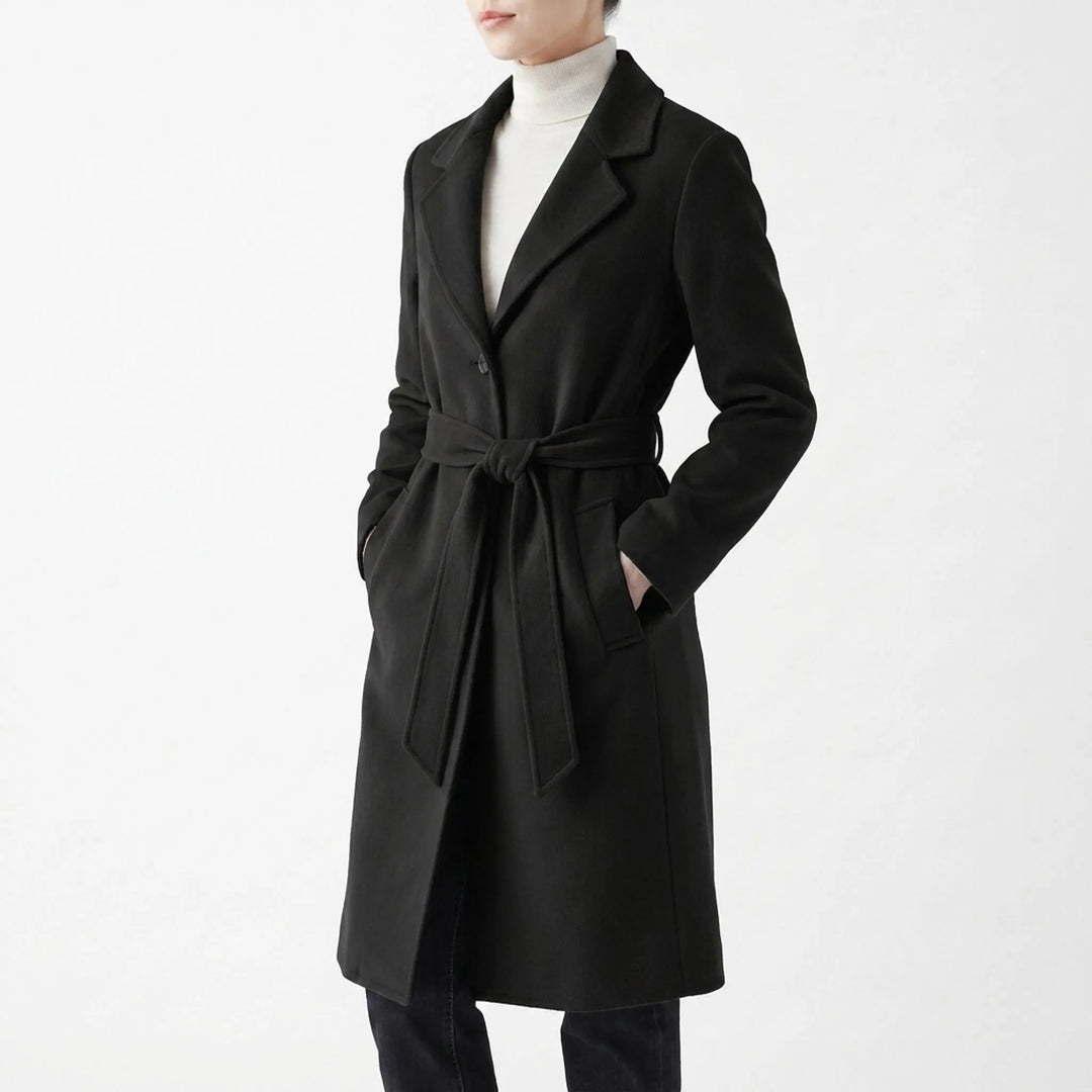 Lange jas dames | Elegante mantel met ceintuur en reverskraag