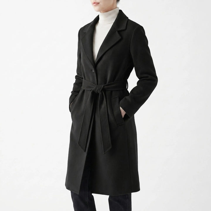 Lange jas dames | Elegante mantel met ceintuur en reverskraag