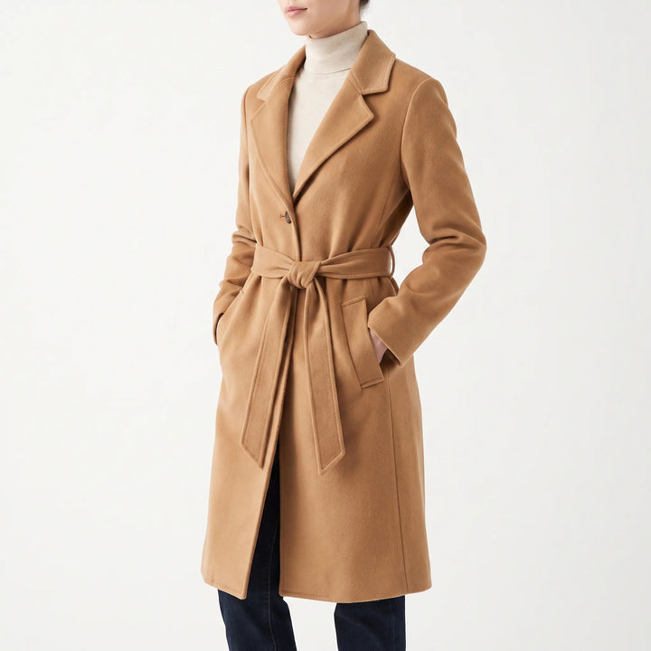 Lange jas dames | Elegante mantel met ceintuur en reverskraag