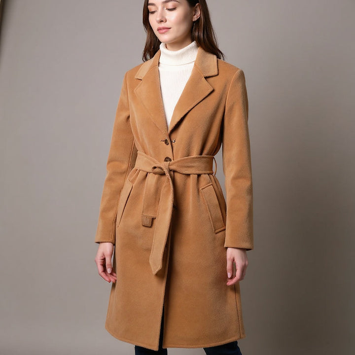 Lange jas dames | Elegante mantel met ceintuur en reverskraag