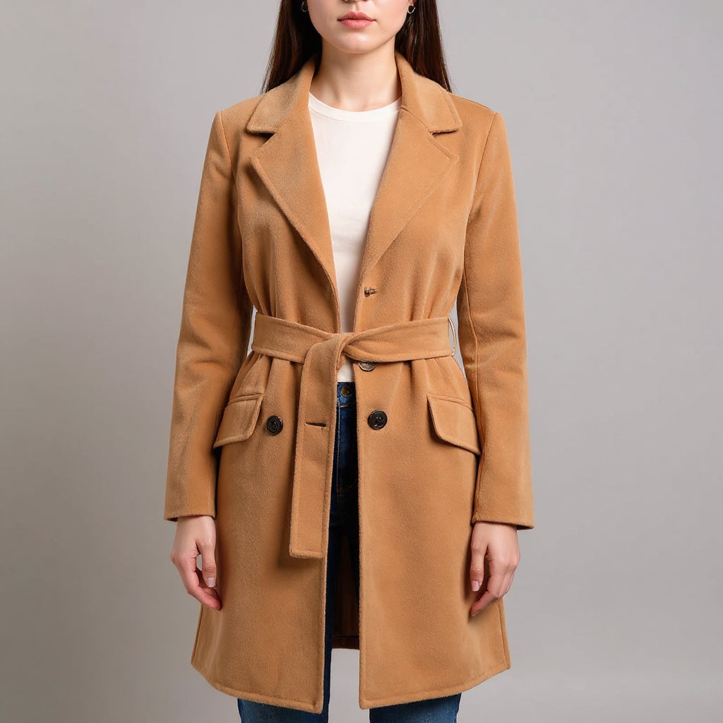 Lange jas dames | Elegante mantel met ceintuur en reverskraag