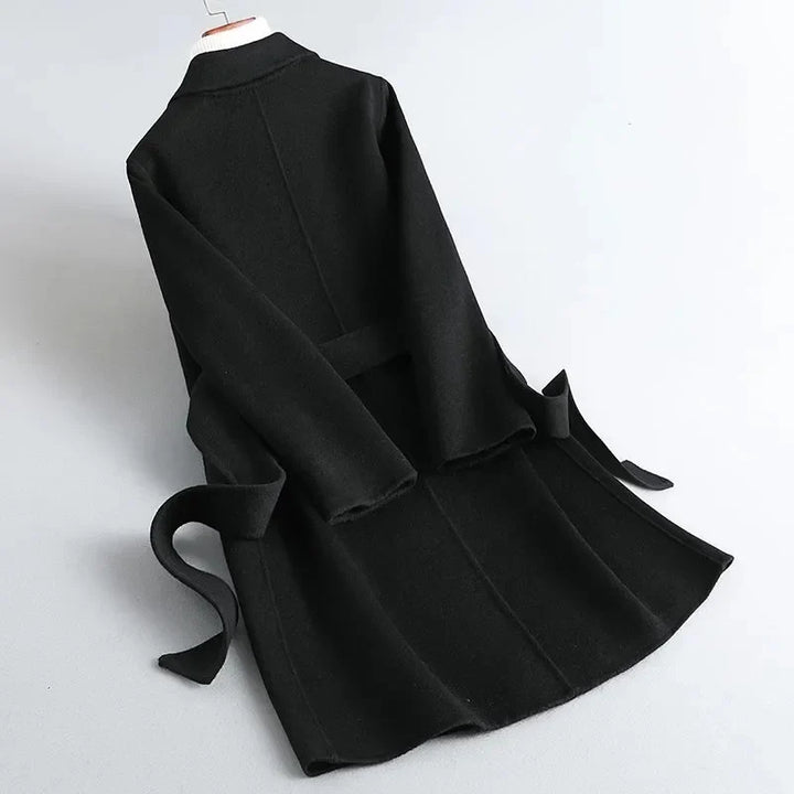 Lange jas dames | Elegante mantel met ceintuur en reverskraag