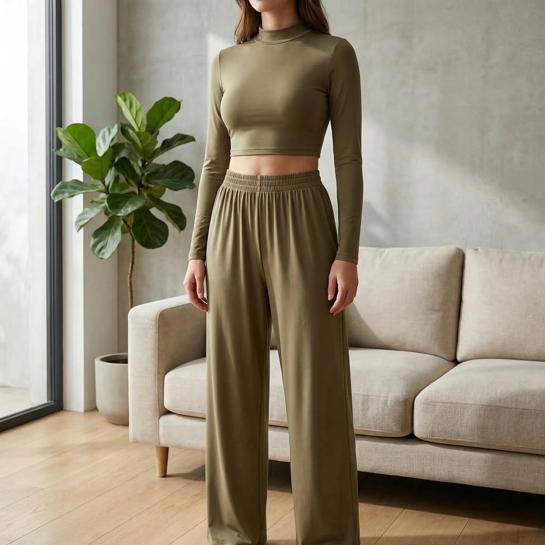 Lounge set dames | Crop top met lange mouw en wijde broek