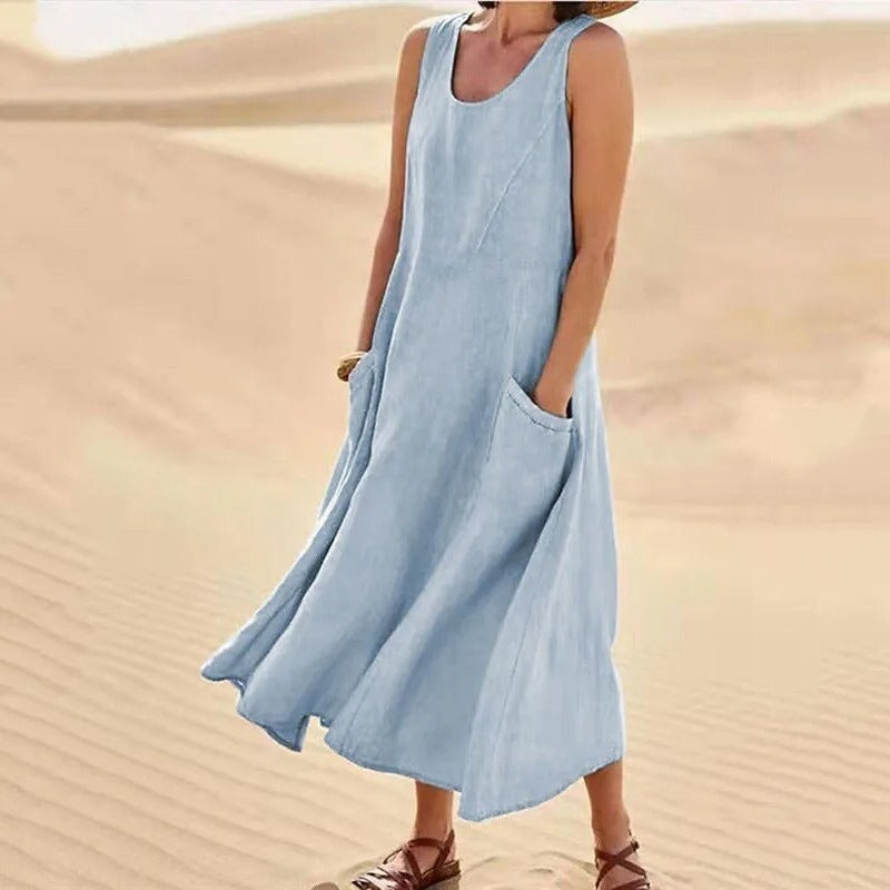 Maxi-jurk voor dames | Mouwloze zomerjurk met zakken