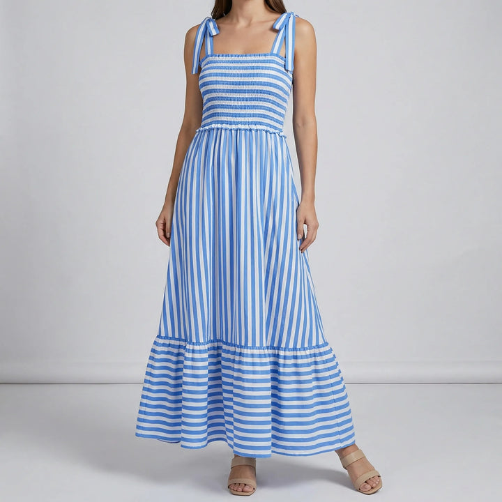 Maxi jurk dames | Blauw wit gestreepte zomerjurk met smock en bandjes
