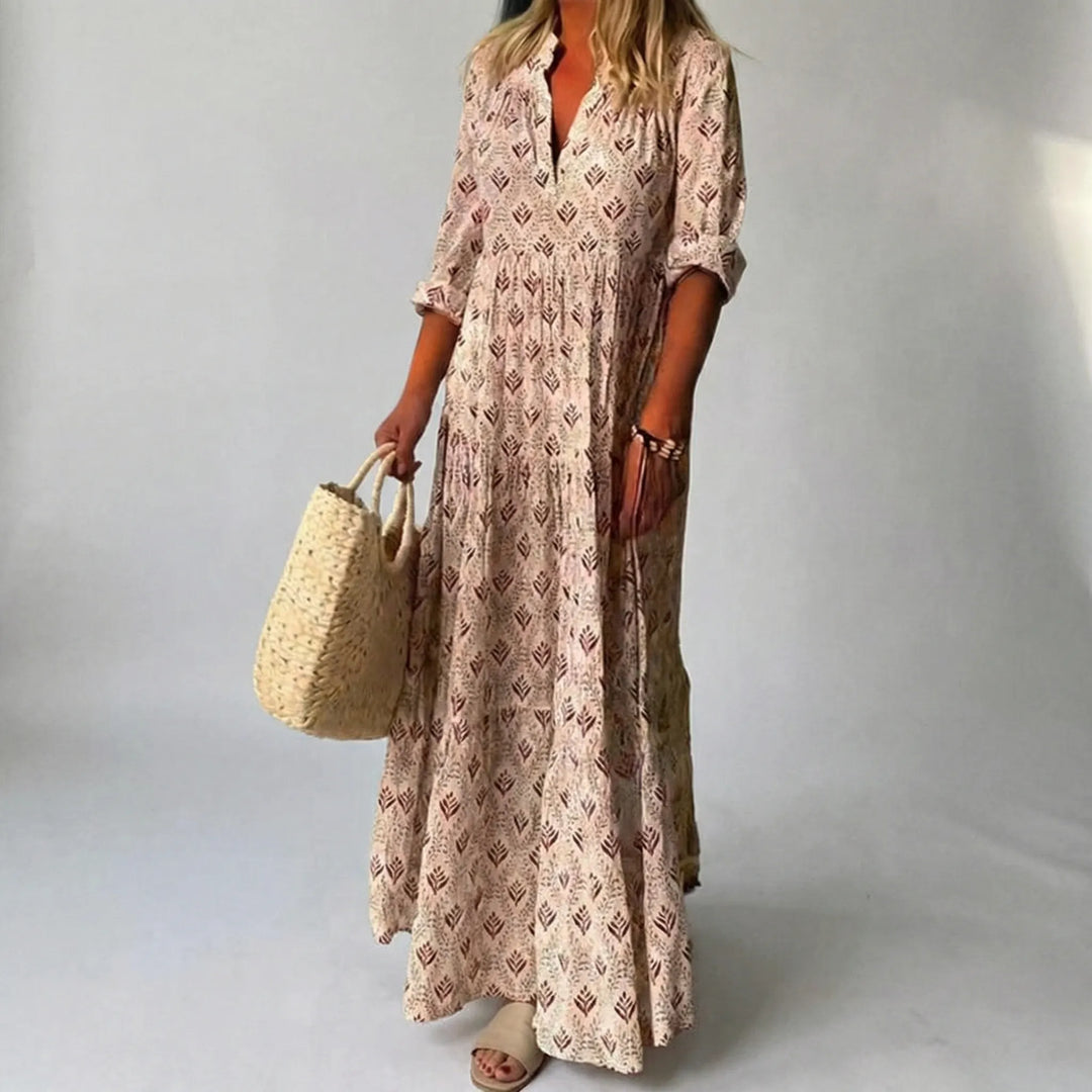 Maxi jurk dames | Boho zomerjurk met print en v-hals