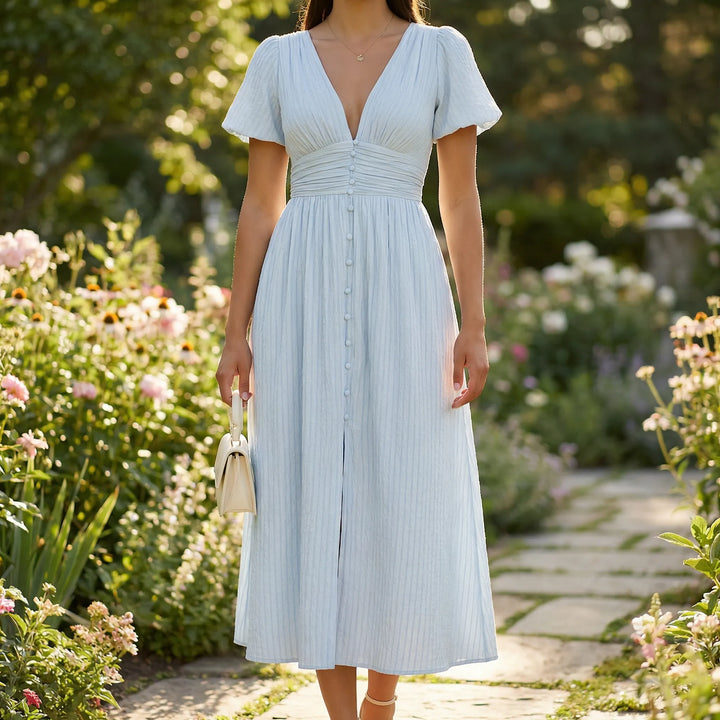 Maxi jurk dames | Elegante zomerjurk met knopen en v-hals