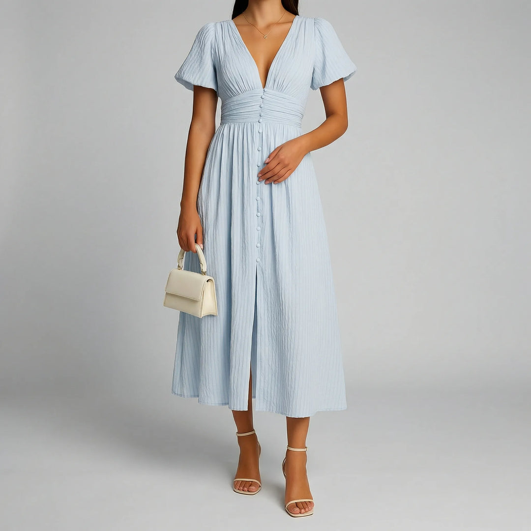 Maxi jurk dames | Elegante zomerjurk met knopen en v-hals