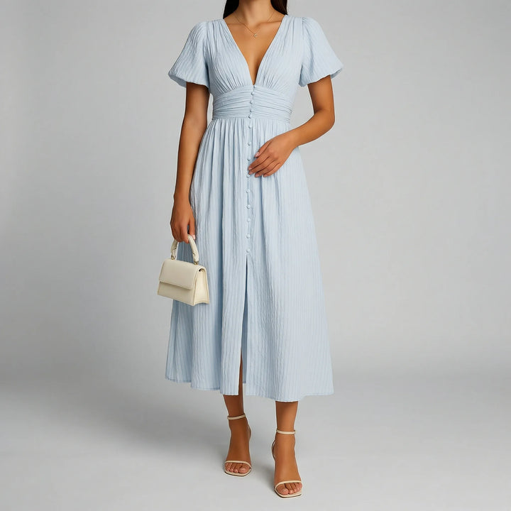 Maxi jurk dames | Elegante zomerjurk met knopen en v-hals