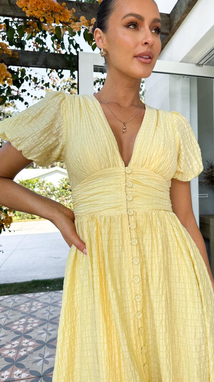 Maxi jurk dames | Elegante zomerjurk met knopen en v-hals