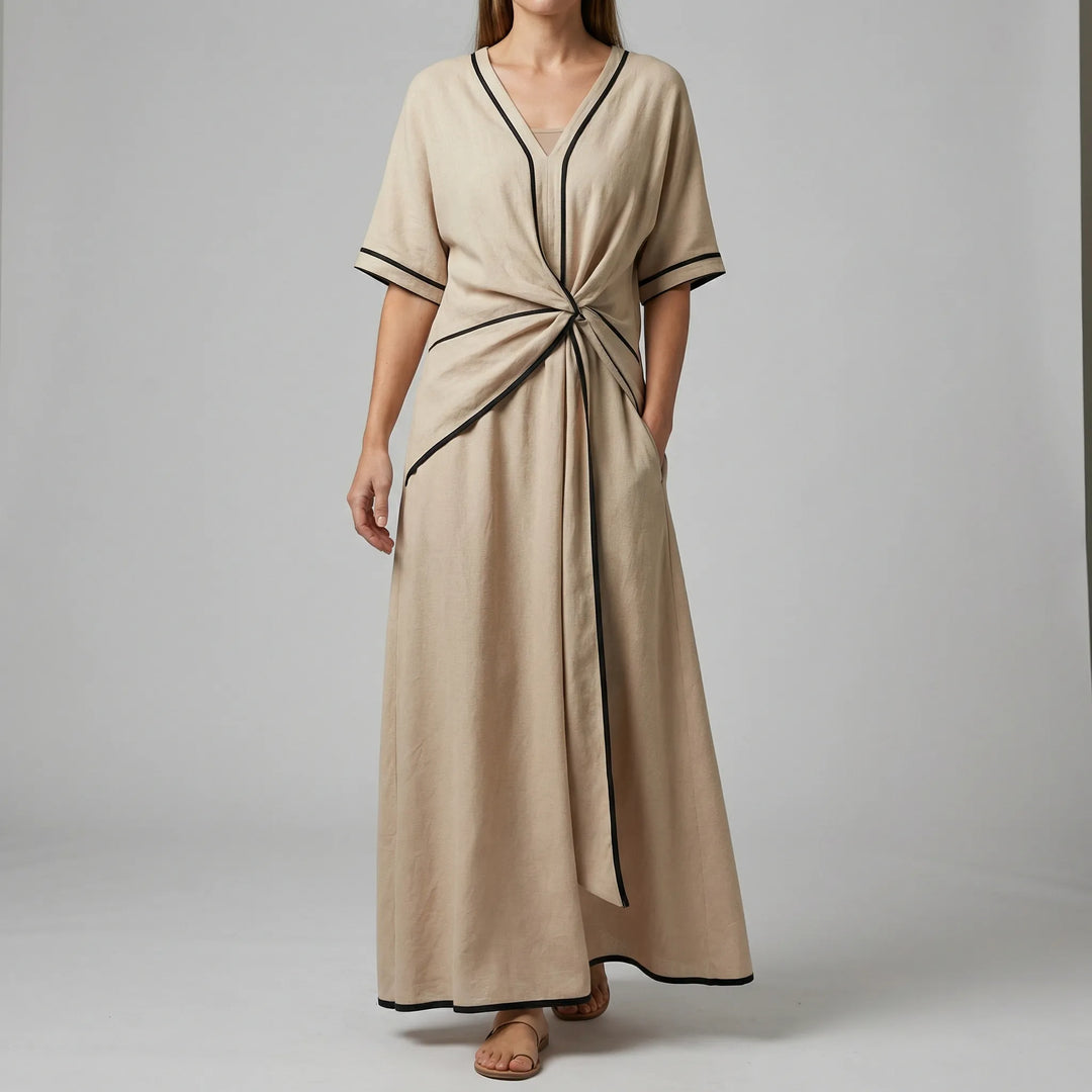 Maxi jurk dames | Elegante zomerjurk met v-hals en knoopdetail