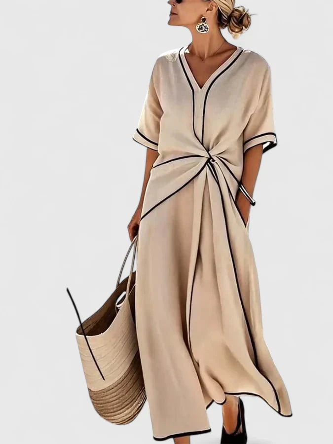 Maxi jurk dames | Elegante zomerjurk met v-hals en knoopdetail