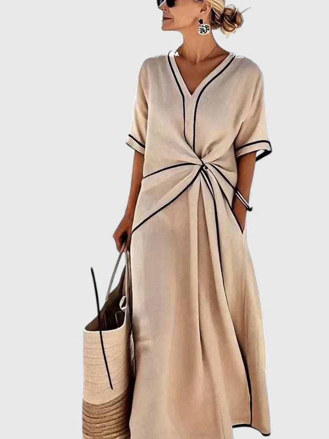 Maxi jurk dames | Elegante zomerjurk met v-hals en knoopdetail