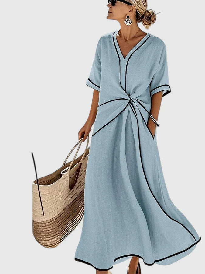 Maxi jurk dames | Elegante zomerjurk met v-hals en knoopdetail
