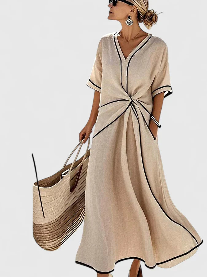Maxi jurk dames | Elegante zomerjurk met v-hals en knoopdetail