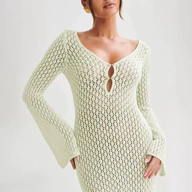 Maxi jurk dames | Gehaakte zomerjurk met lange mouw en v-hals