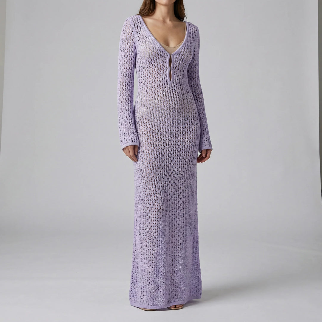 Maxi jurk dames | Gehaakte zomerjurk met lange mouw en v-hals