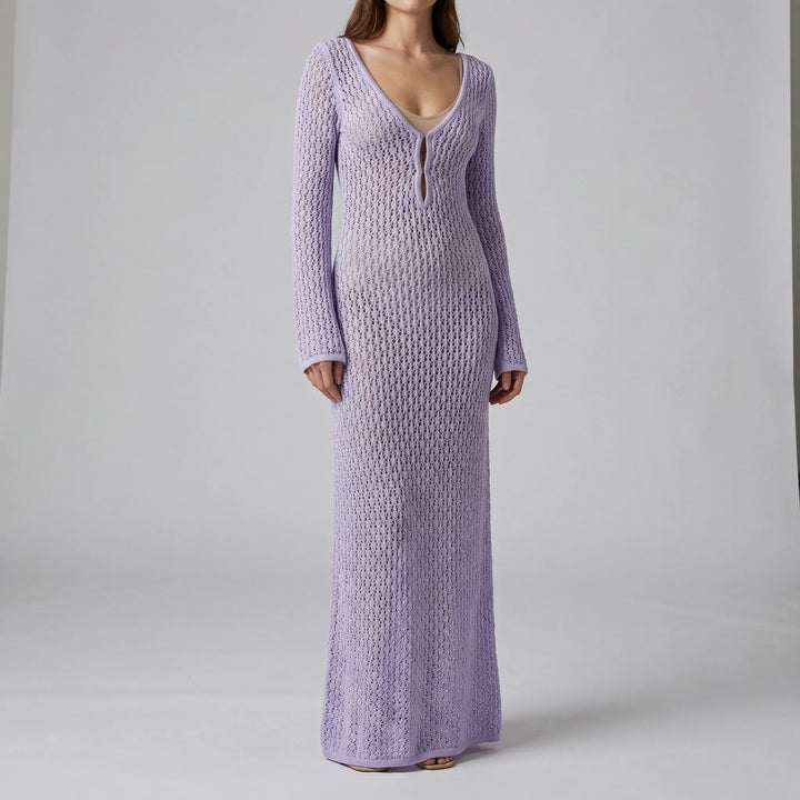 Maxi jurk dames | Gehaakte zomerjurk met lange mouw en v-hals