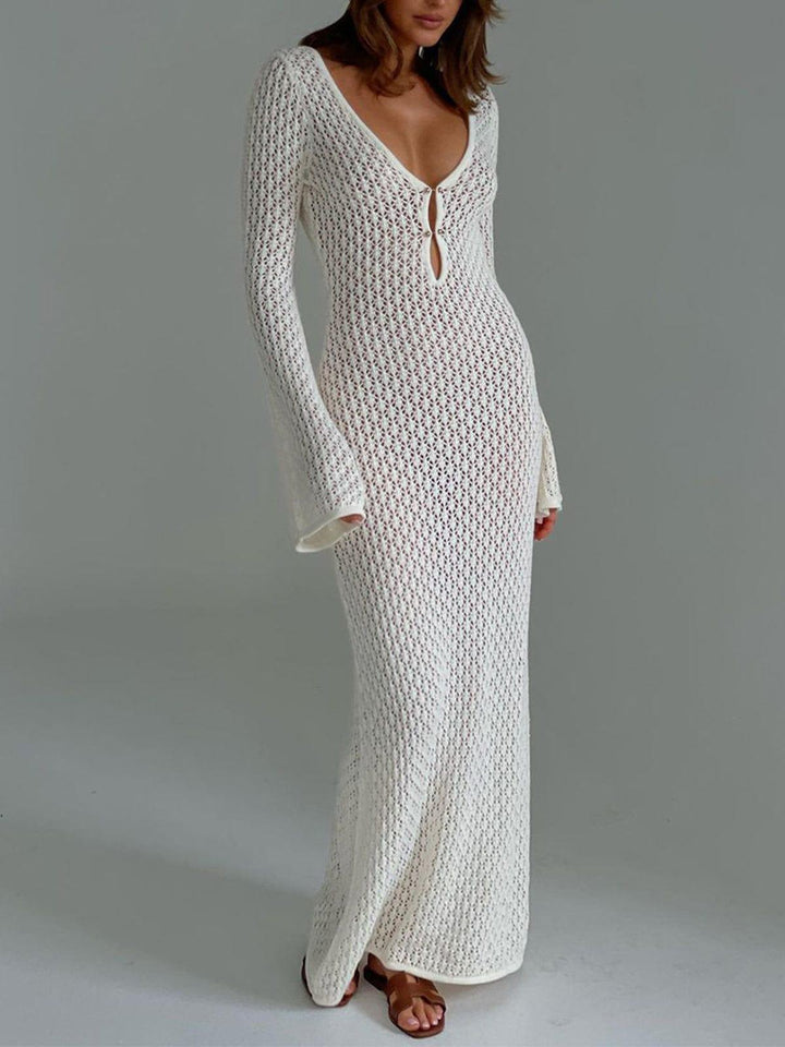 Maxi jurk dames | Gehaakte zomerjurk met lange mouw en v-hals