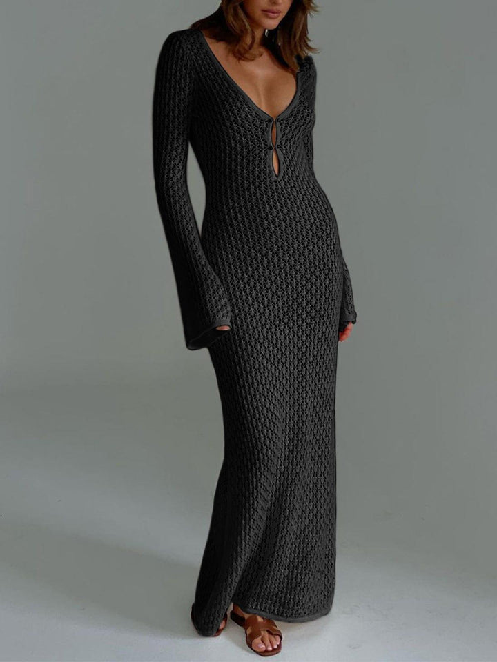 Maxi jurk dames | Gehaakte zomerjurk met lange mouw en v-hals