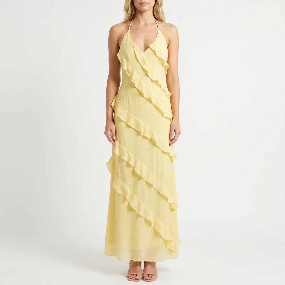 Maxi jurk dames | Gele ruffle jurk met v-hals
