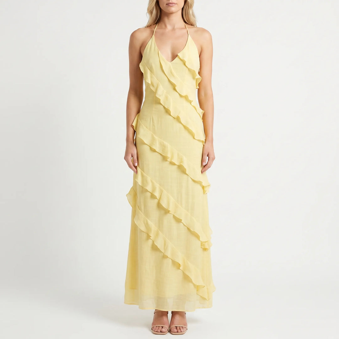 Maxi jurk dames | Gele ruffle jurk met v-hals