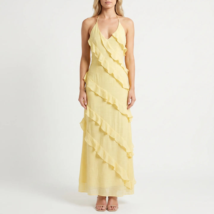 Maxi jurk dames | Gele ruffle jurk met v-hals