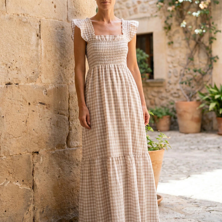 Maxi jurk dames | Geruite zomer jurk met ruches