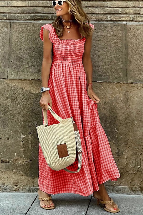Maxi jurk dames | Geruite zomer jurk met ruches