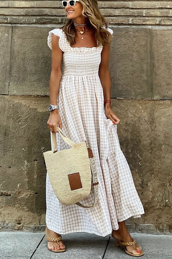 Maxi jurk dames | Geruite zomer jurk met ruches