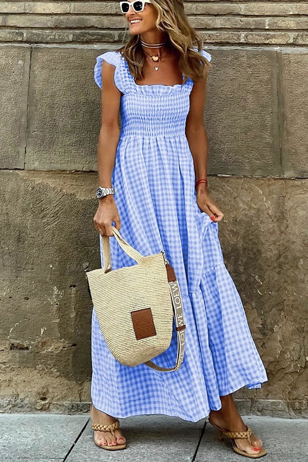 Maxi jurk dames | Geruite zomer jurk met ruches