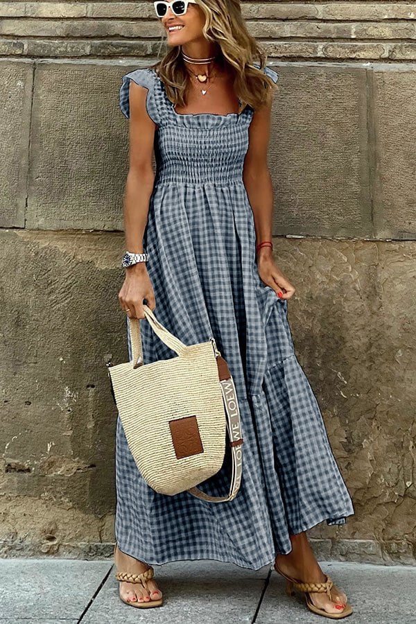 Maxi jurk dames | Geruite zomer jurk met ruches