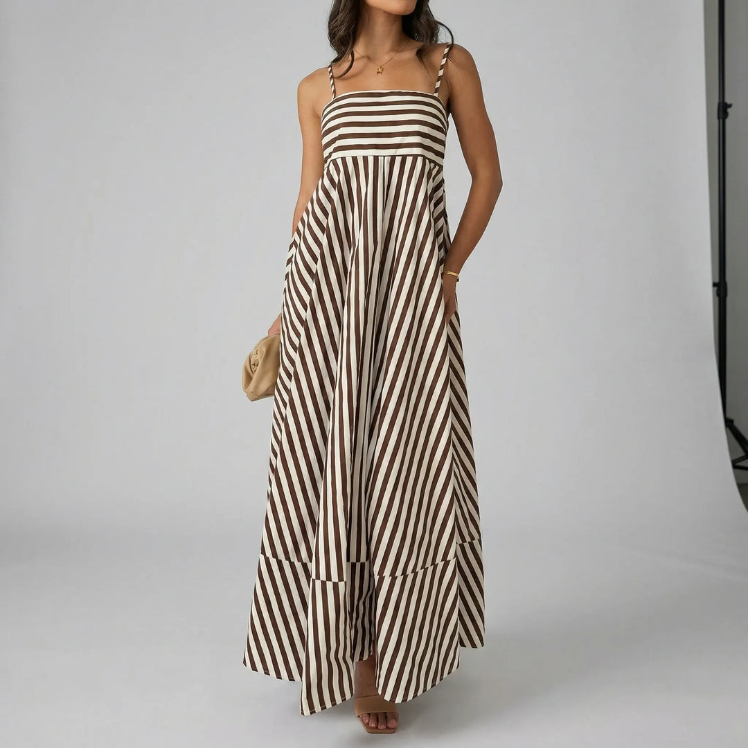 Maxi jurk dames | Gestreepte zomerjurk met bandjes en plissé rok