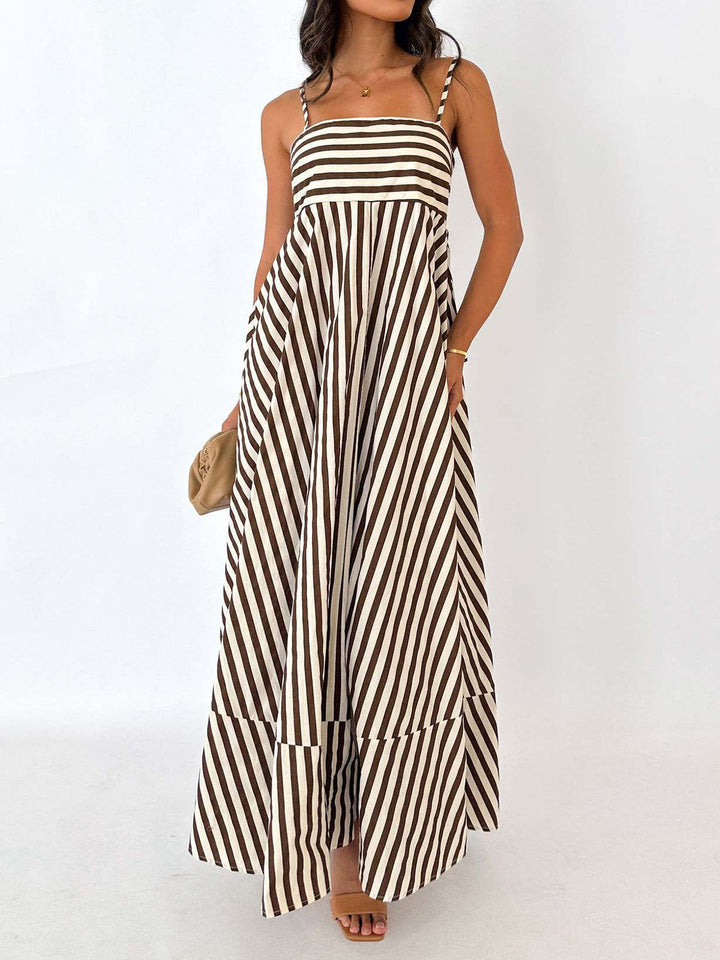 Maxi jurk dames | Gestreepte zomerjurk met bandjes en plissé rok