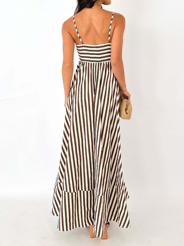 Maxi jurk dames | Gestreepte zomerjurk met bandjes en plissé rok