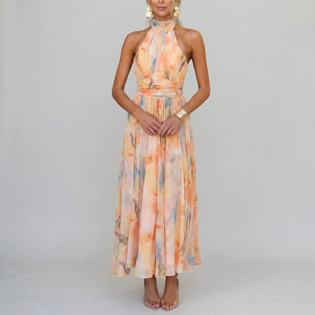 Maxi jurk dames | Luchtige zomerjurk met halter hals en print